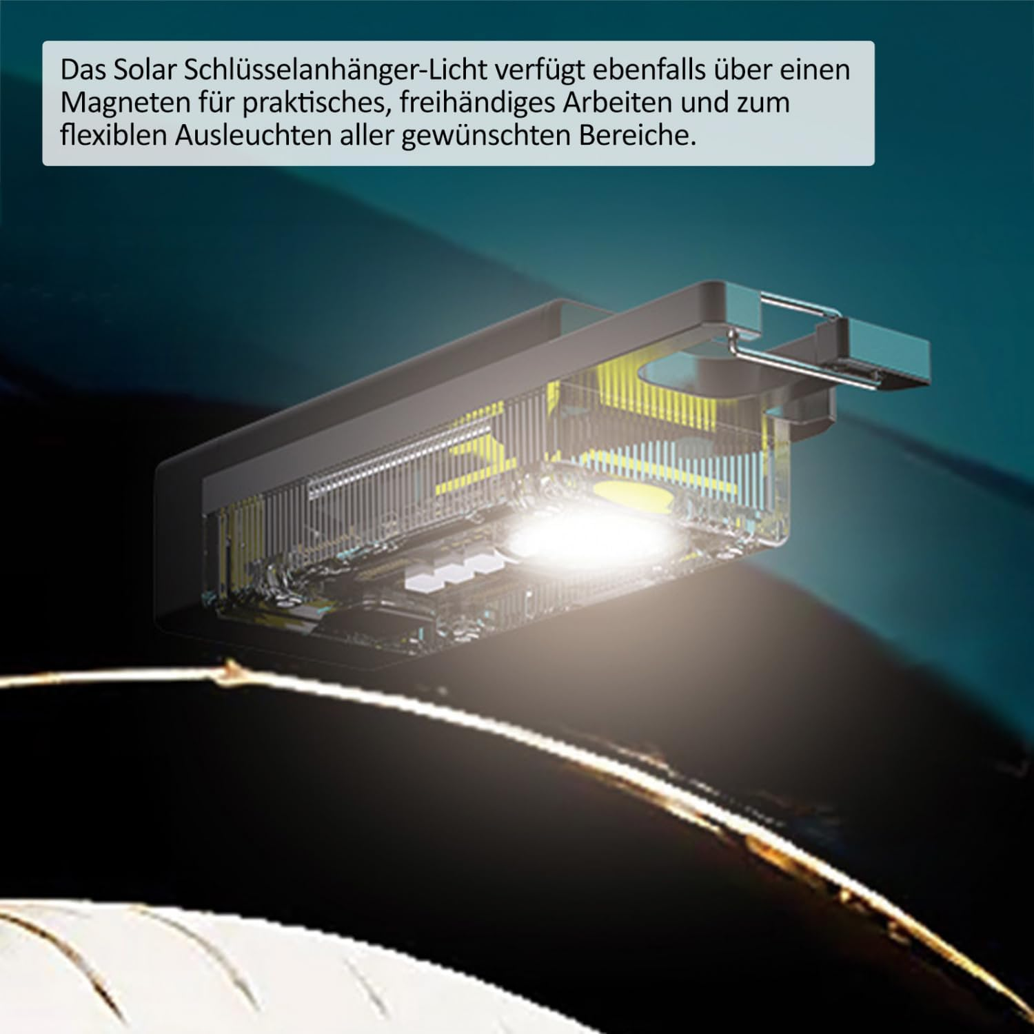Transparente Leuchte mit LEDs und Magneten, beleuchtet von innen.