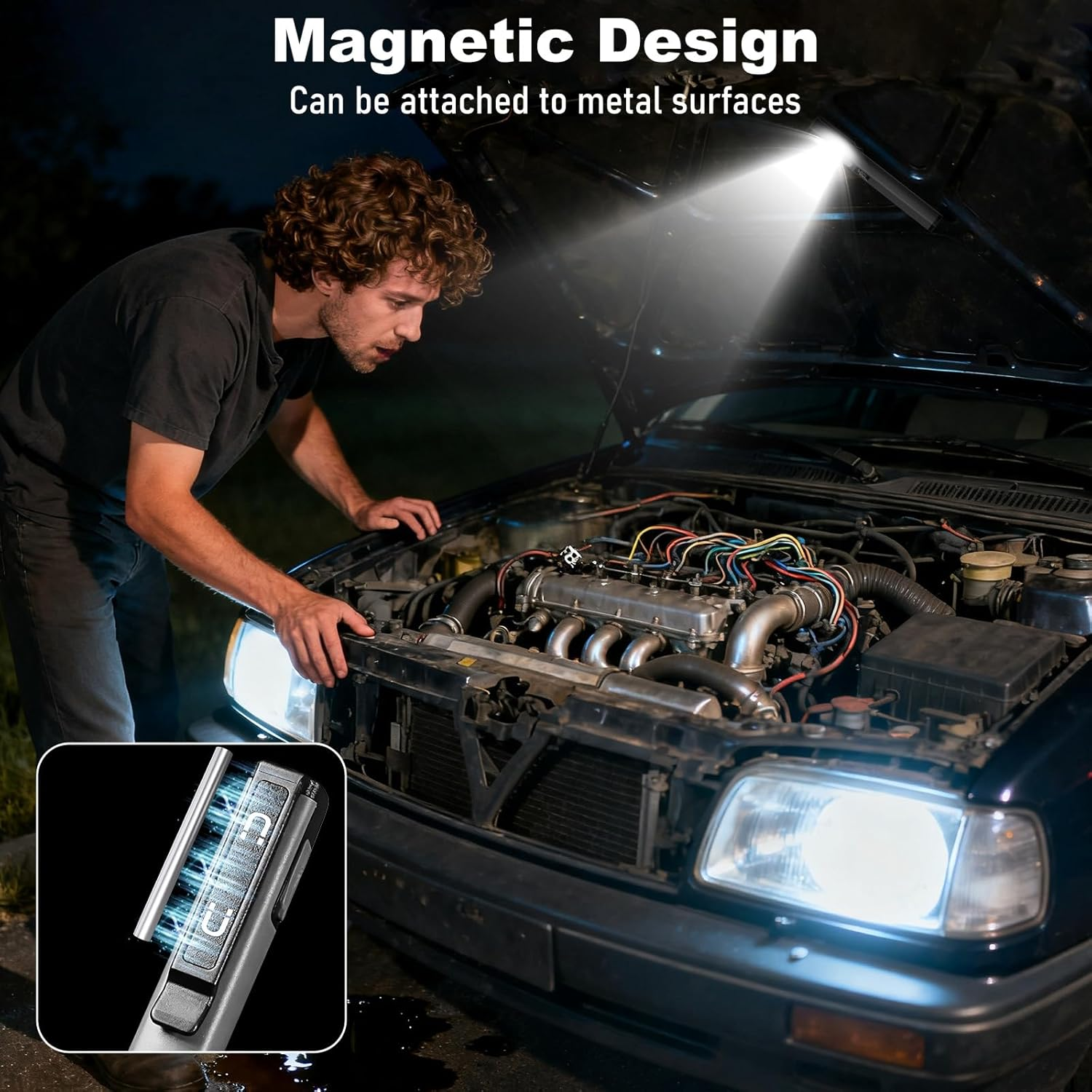 Mann blickt in offenen Motorraum, Magnetlampe leuchtet. Detailansicht zeigt Magnetbefestigung.