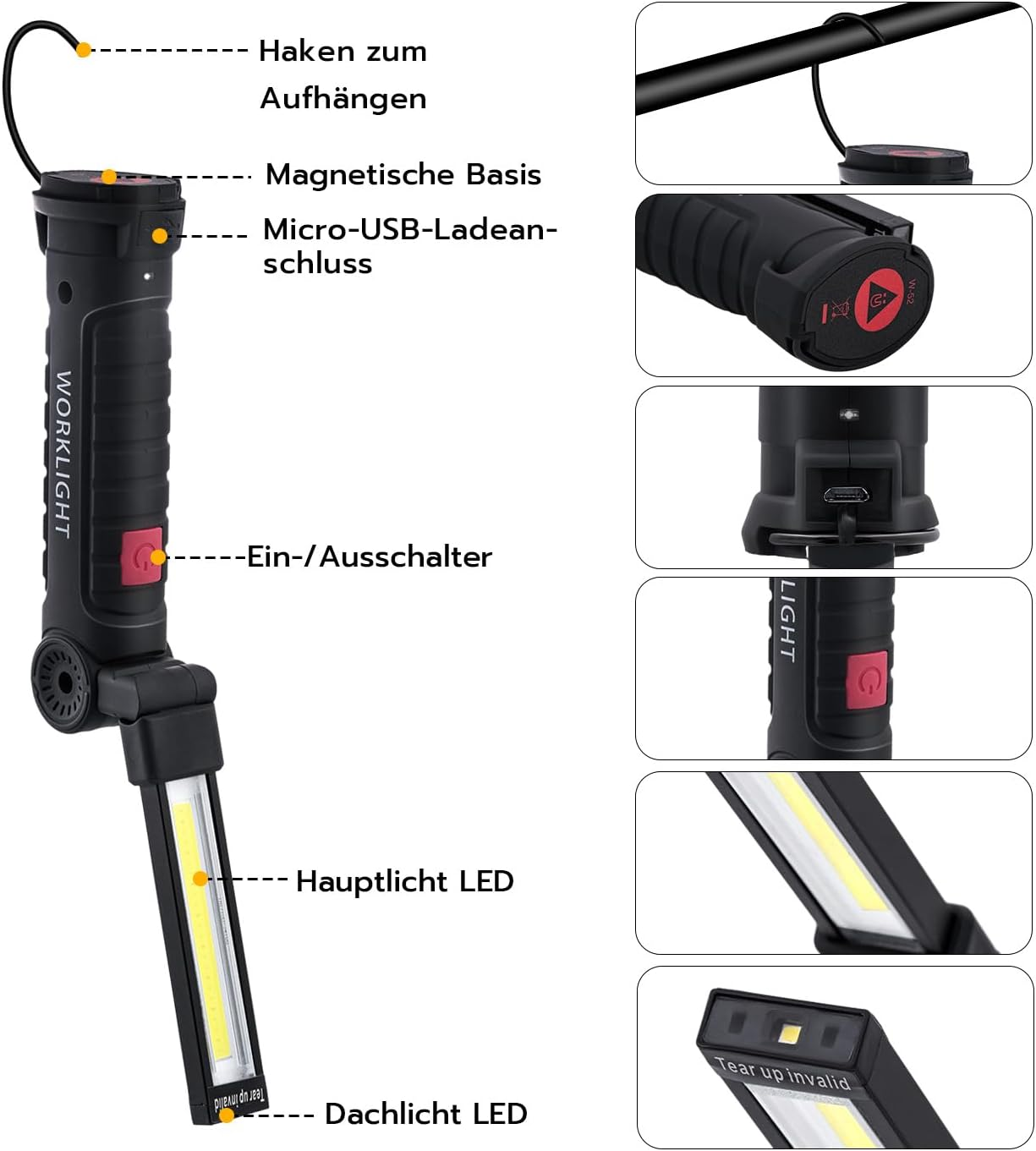 Arbeitsleuchte mit Haken, Magnetbasis, USB, Ein-/Ausschalter, Haupt- und Dachlicht-LED.