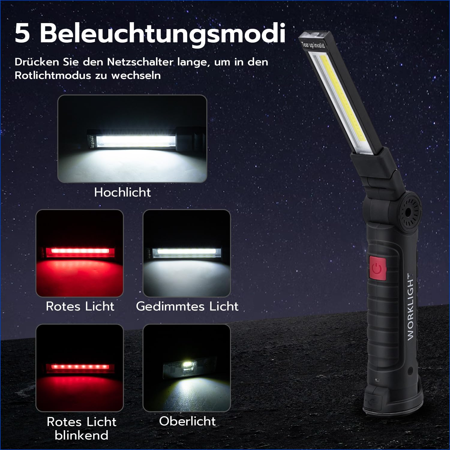 Arbeitslicht mit 5 Modi: Hochlicht, rotes Licht, gedimmtes Licht, blinkendes rotes Licht, Oberlicht.