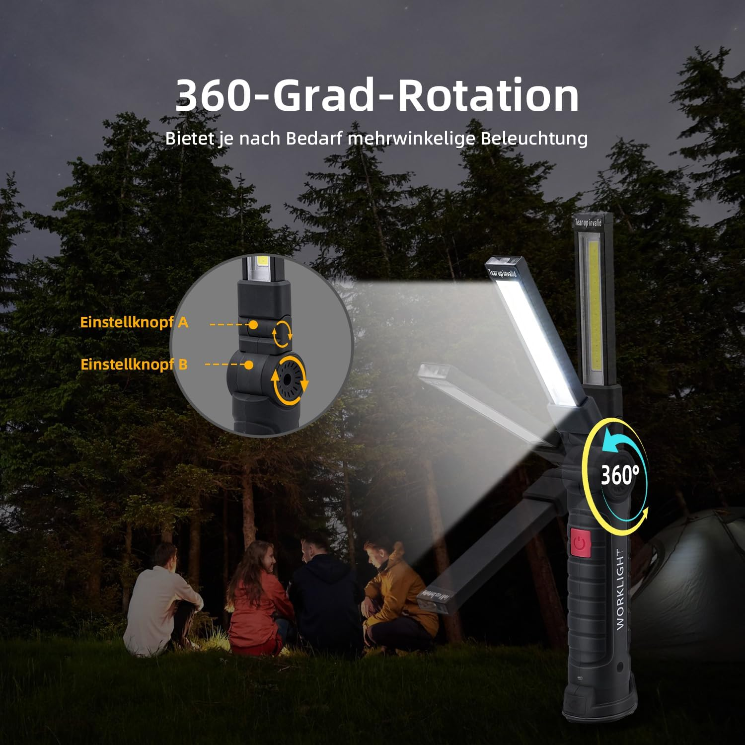 Arbeitslicht mit 360-Grad-Rotation beleuchtet Bäume und Camper im Dunkeln.