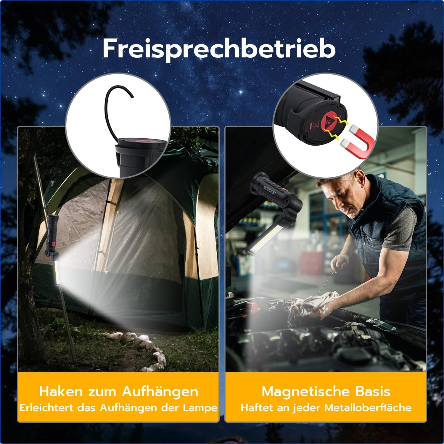 Arbeitsleuchte mit Haken zum Aufhängen neben einem Zelt und Magnetbasis an einem Auto.