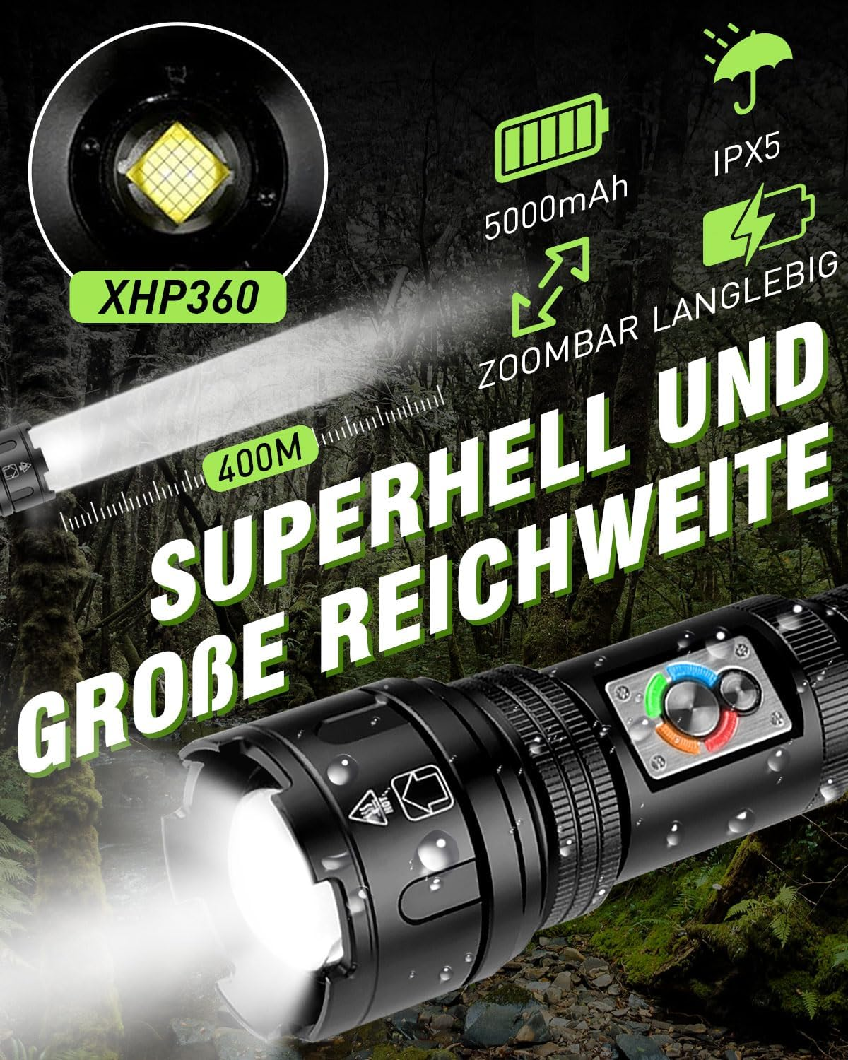 XHP360 Taschenlampe mit 5000mAh, 400m Reichweite, Zoombar und IPX5 wasserdicht.
