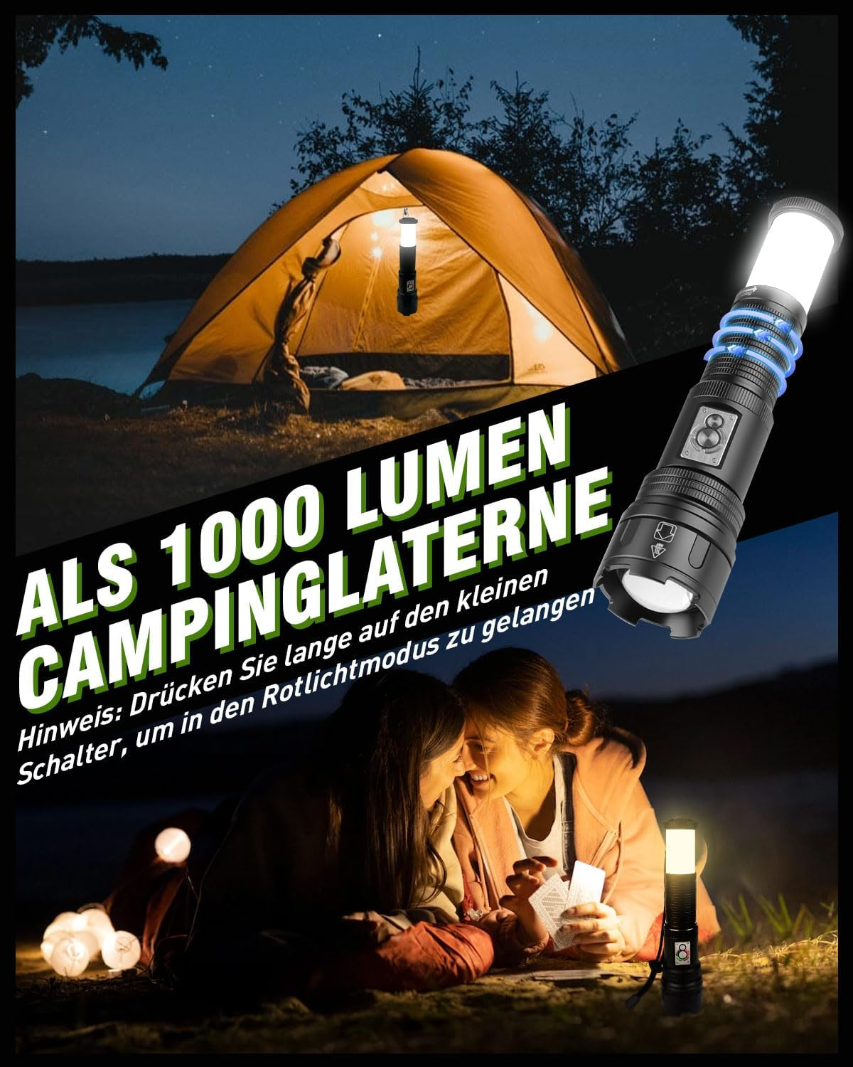 Ein Campingzelt leuchtet nachts, eine Taschenlampe hängt darin. Zwei Frauen spielen Karten bei Kerzenlicht.