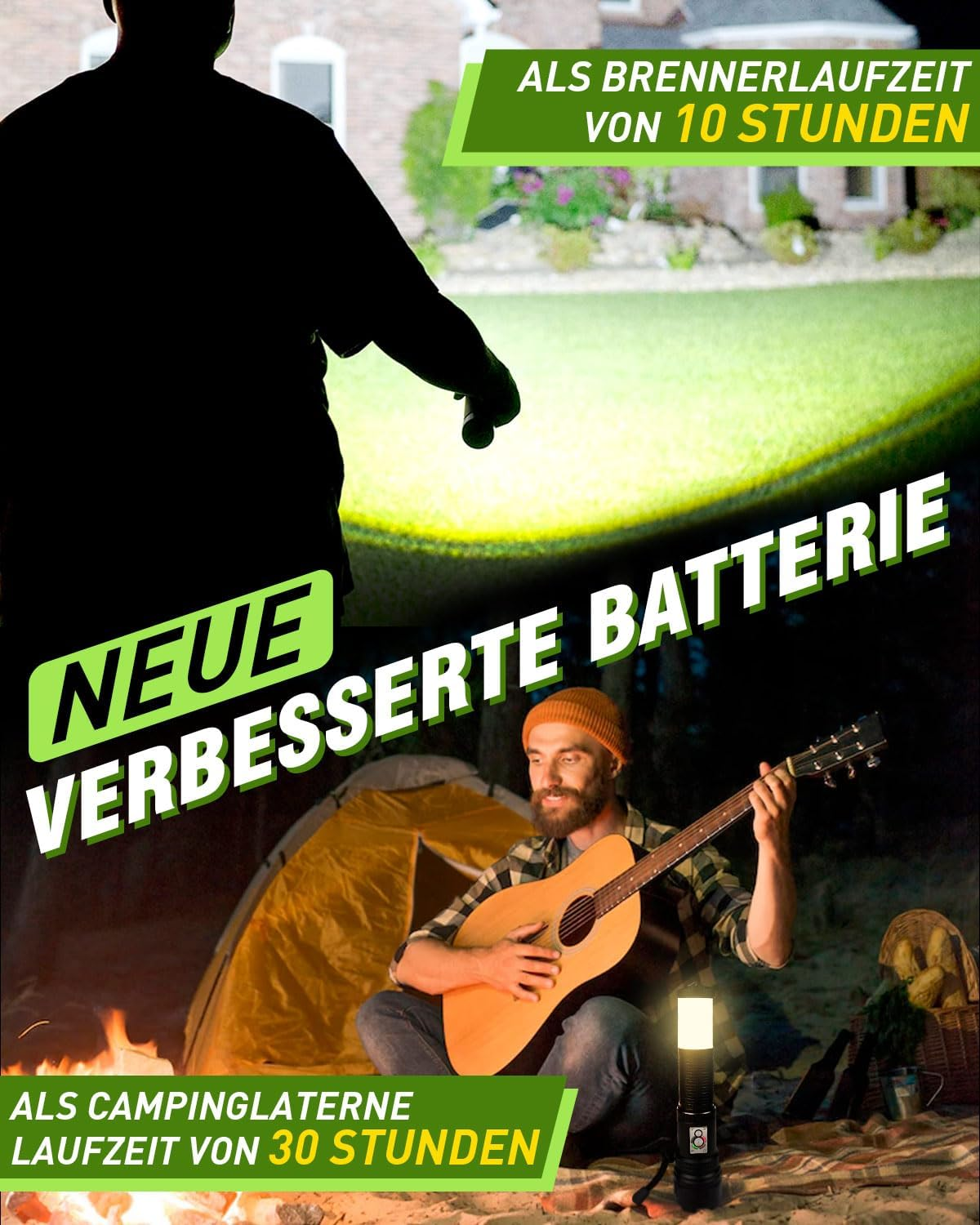 Mann spielt Gitarre neben Zelt und Lagerfeuer. Eine Taschenlampe steht daneben.