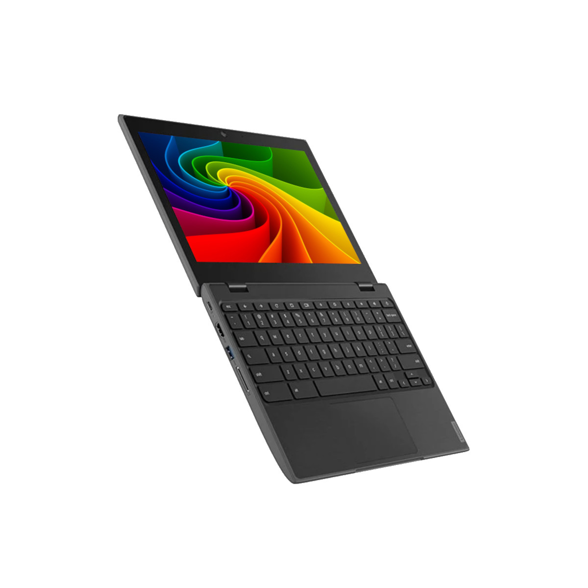 Ein schwarzer Laptop ist geöffnet und zeigt einen bunten Wirbel auf dem Bildschirm. Tastatur sichtbar.