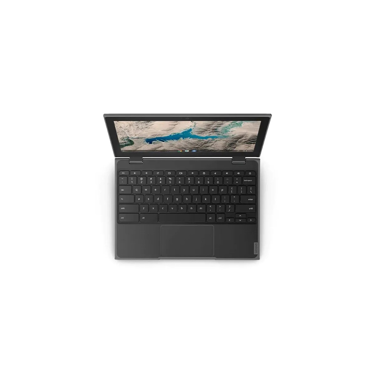 Draufsicht auf einen geöffneten, dunkelgrauen Laptop mit Landschaftsbild auf dem Bildschirm.