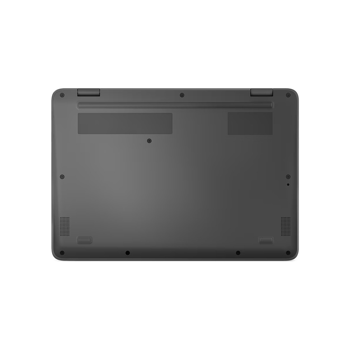 Unterseite eines geschlossenen dunklen Laptops mit Lüftungsschlitzen und Schrauben.