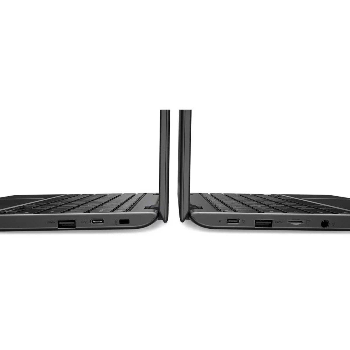 Zwei Laptops nebeneinander, Seitenansicht mit Tastaturen und Anschlüssen.