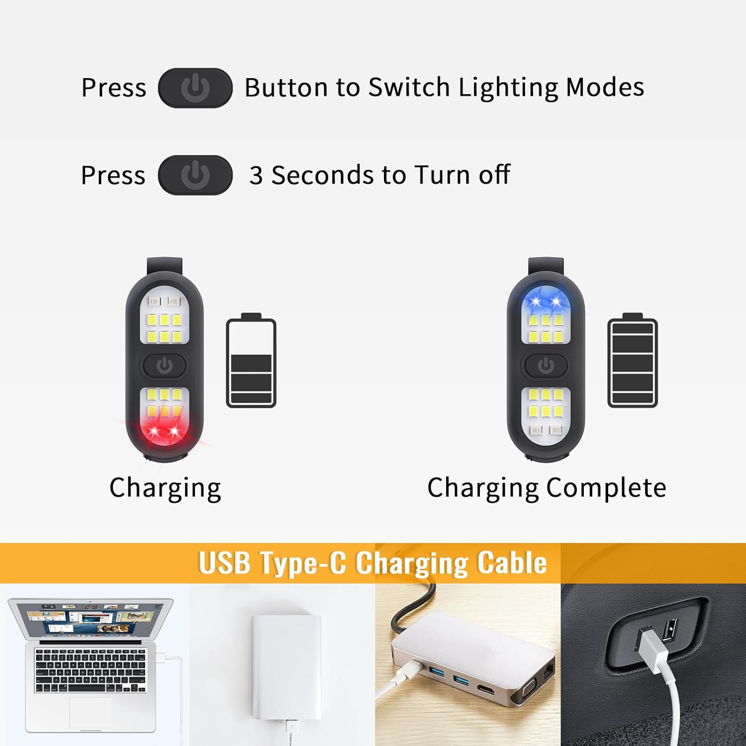 Anleitung zum Aufladen und Bedienen einer Lampe mit USB-C-Kabel.