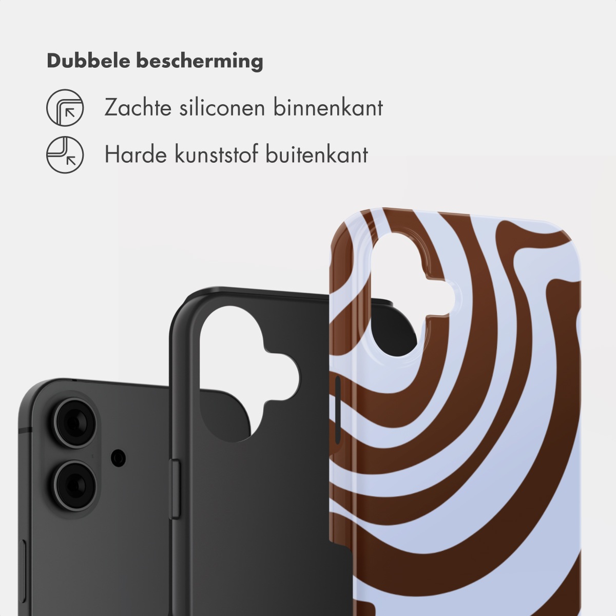 Drei Handyhüllen, eine mit braun-weißem Wirbelmuster, zwei schwarze.