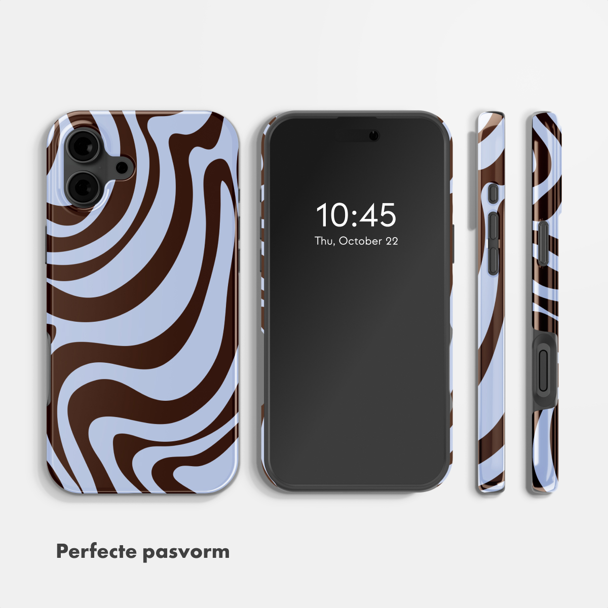 Ein Smartphone mit braun-blauem Wellenmuster-Case, das von links gezeigt wird.