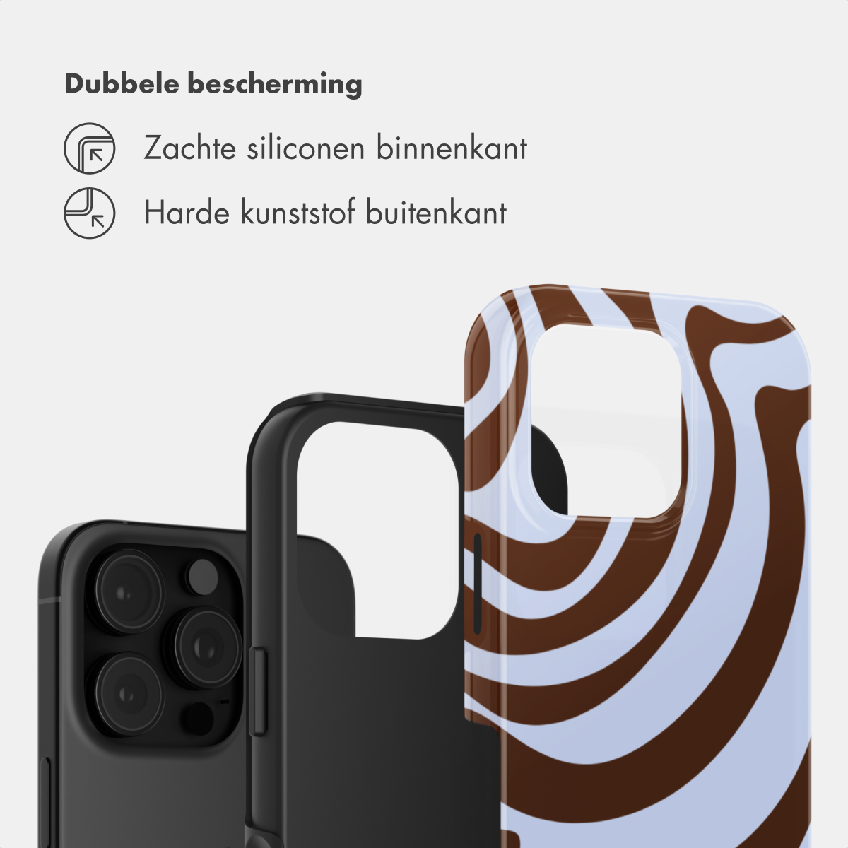 Ein schwarzes Handy mit Kameras und zwei Handyhüllen, eine davon mit braun-blauem Muster.