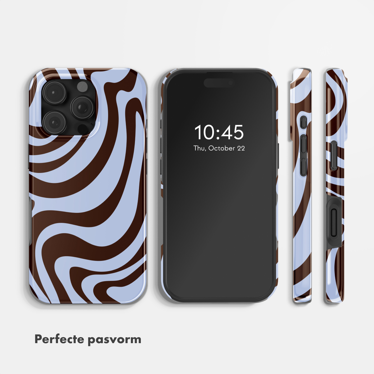 Ein Smartphone mit braun-blauem Wirbelmuster-Schutzhülle, von vorne und seitlich.