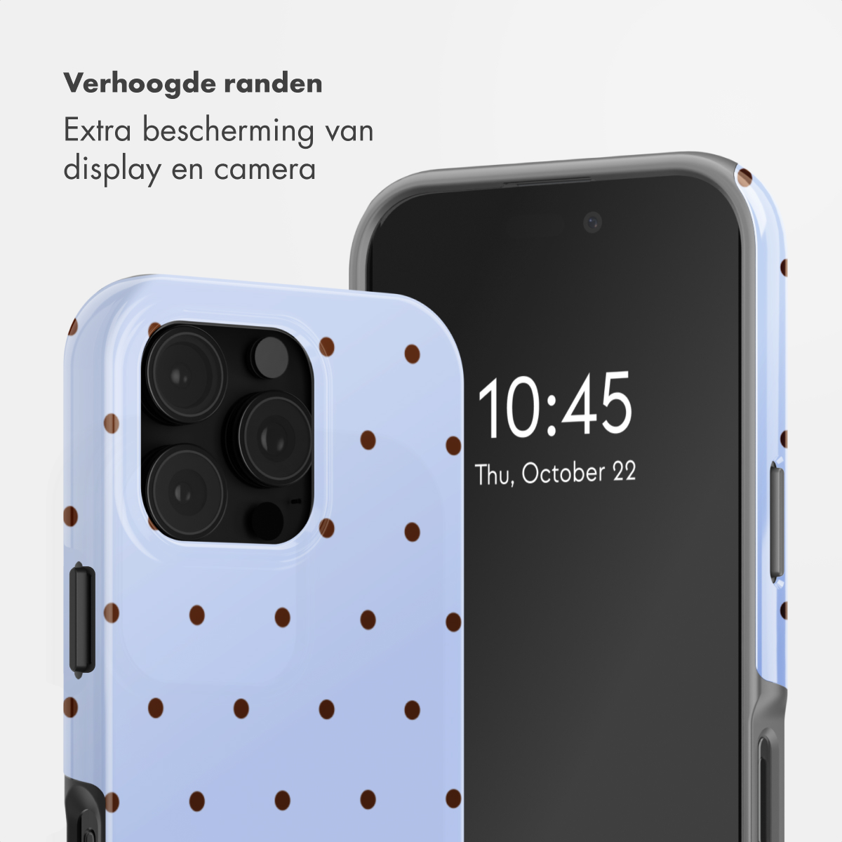Ein hellblaues Handyhülle mit braunen Punkten und einer Kamera.