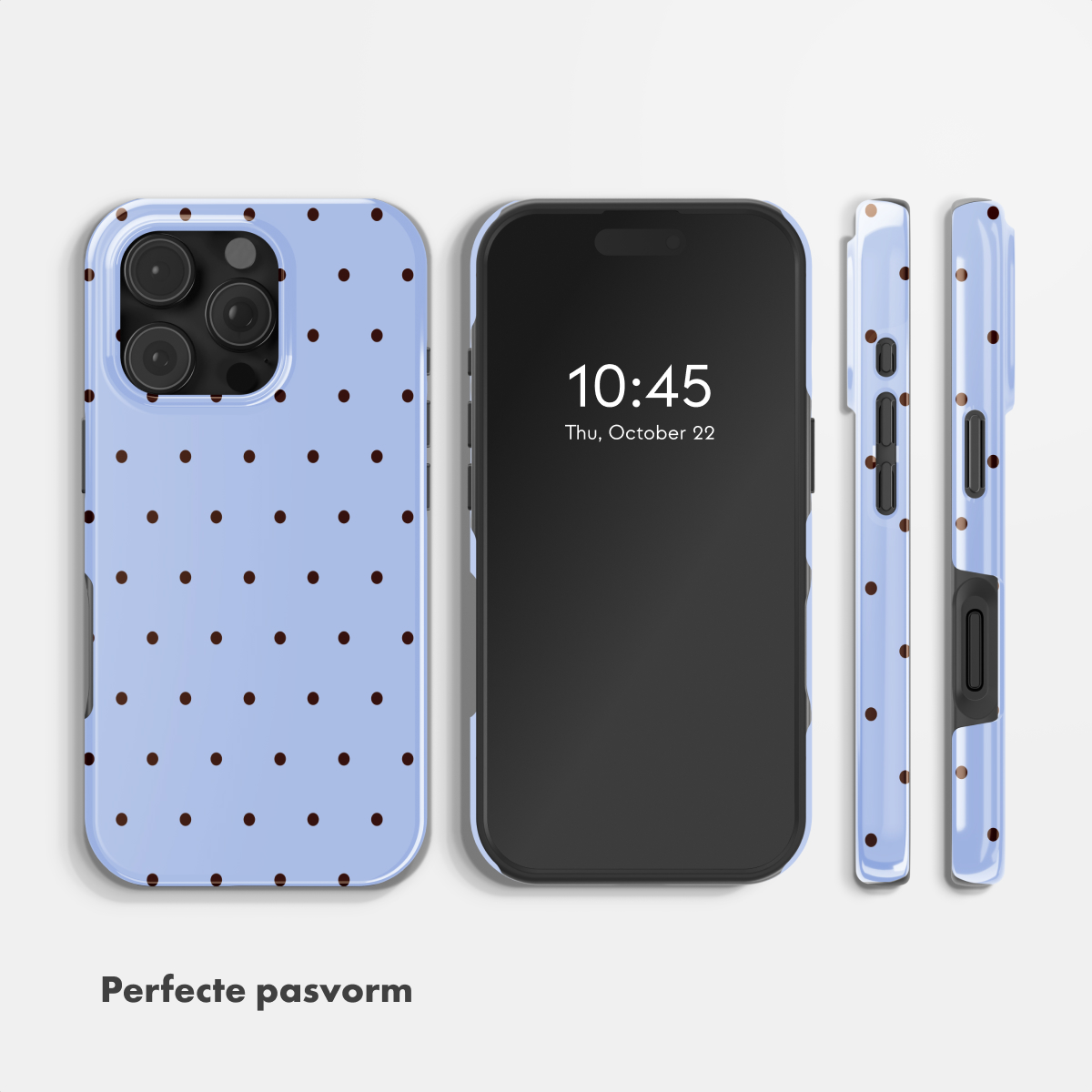 Helles blaues Handyhülle mit braunen Punkten, zwei Seitenansichten und einem Handy.