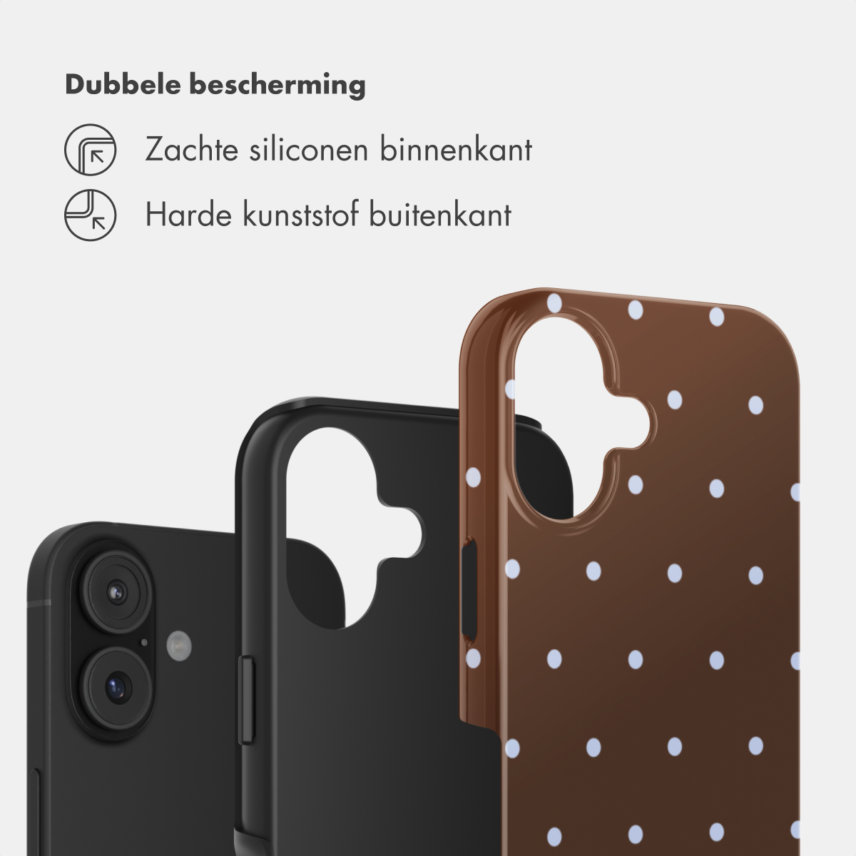 Drei Handyhüllen: eine schwarze, eine schwarze mit Loch und eine braune mit weißen Punkten.