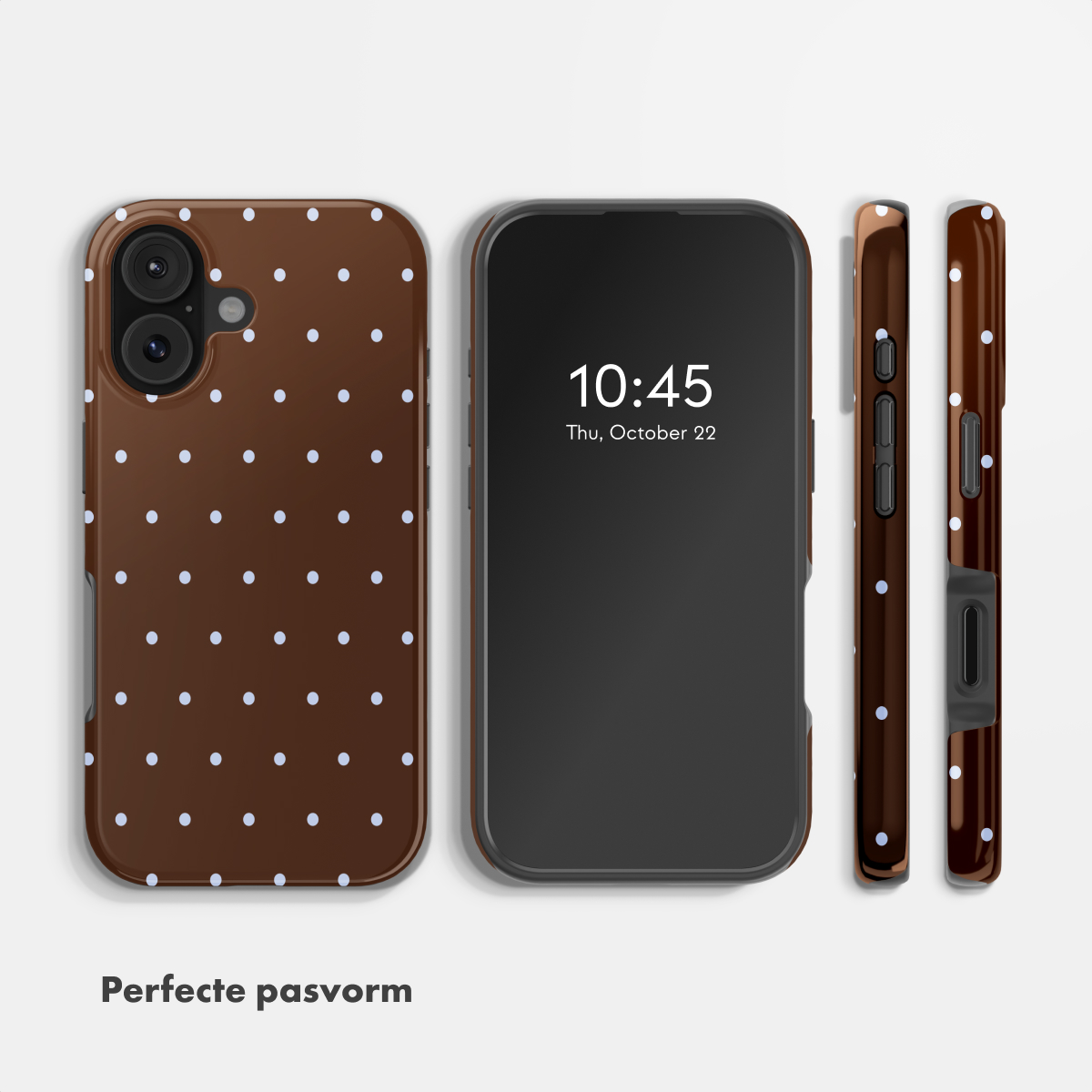 Braune Handyhülle mit weißen Punkten, daneben ein Smartphone.