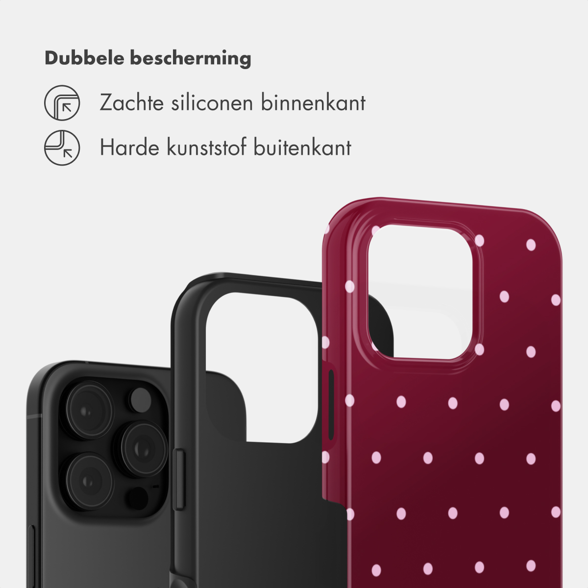 Drei Handyhüllen werden gezeigt: eine schwarze, eine schwarze Silikonhülle und eine rote mit weißen Punkten.