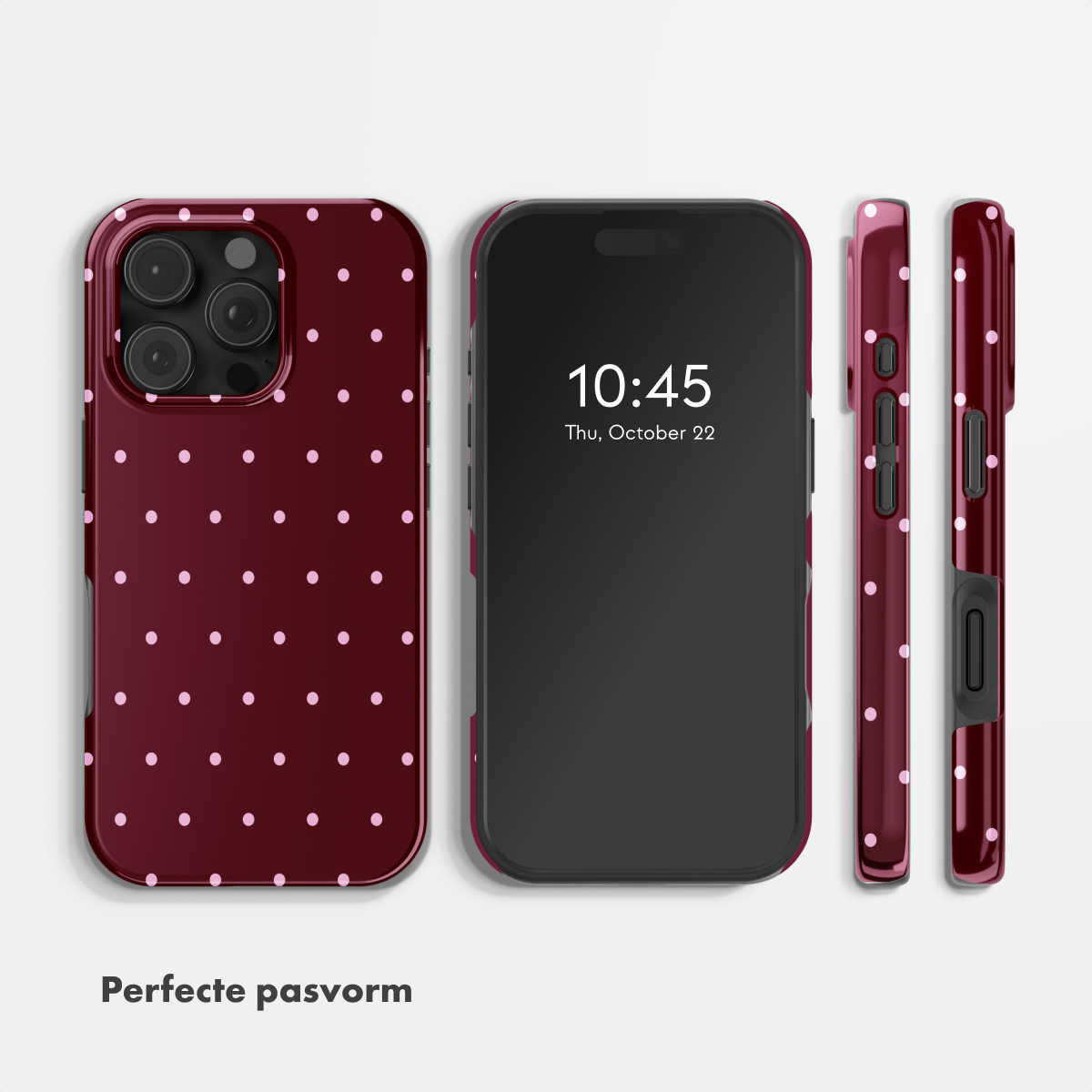 Drei Handyhüllen mit dunkelrotem Polka-Dot-Muster auf hellem Hintergrund.