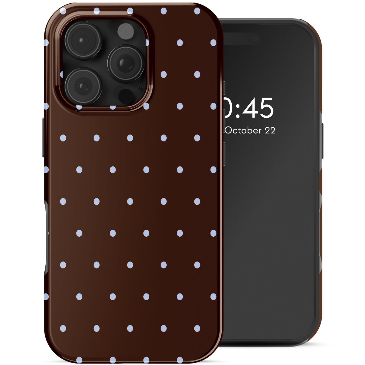 Braune Handyhülle mit weißen Punkten neben einem Smartphone.
