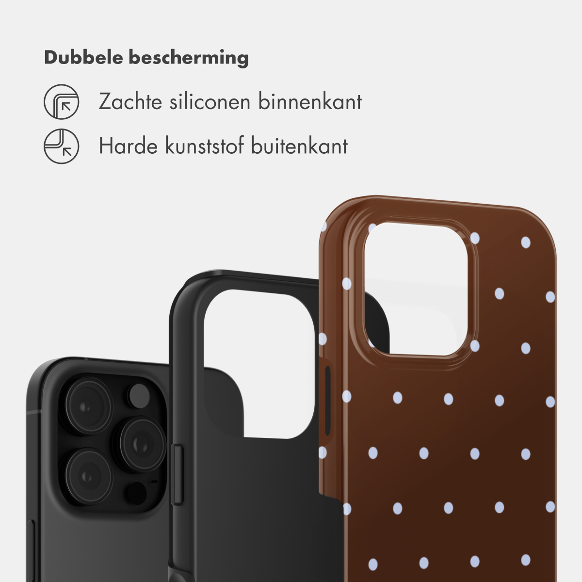 Braune Handyhülle mit weißen Punkten und schwarzer Innenseite.