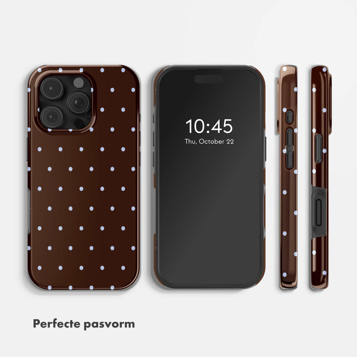 Braune Handyhülle mit weißen Punkten, daneben ein Smartphone.