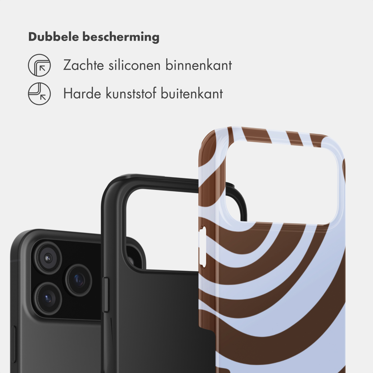 Zwei Handyhüllen; eine schwarze und eine mit braun-weißen Streifen.