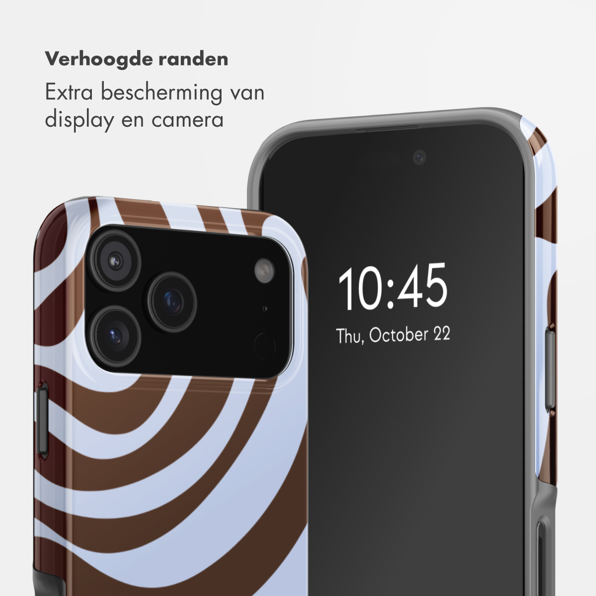 Ein Handy mit einem braun-weißen Streifenmuster-Gehäuse und einer Kamera.