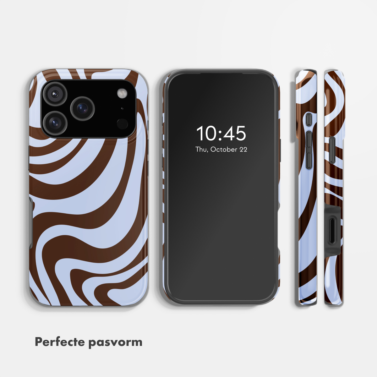 Ein Smartphone mit braun-hellblauen Wellenmuster-Hülle, Vorder- und Seitenansicht.