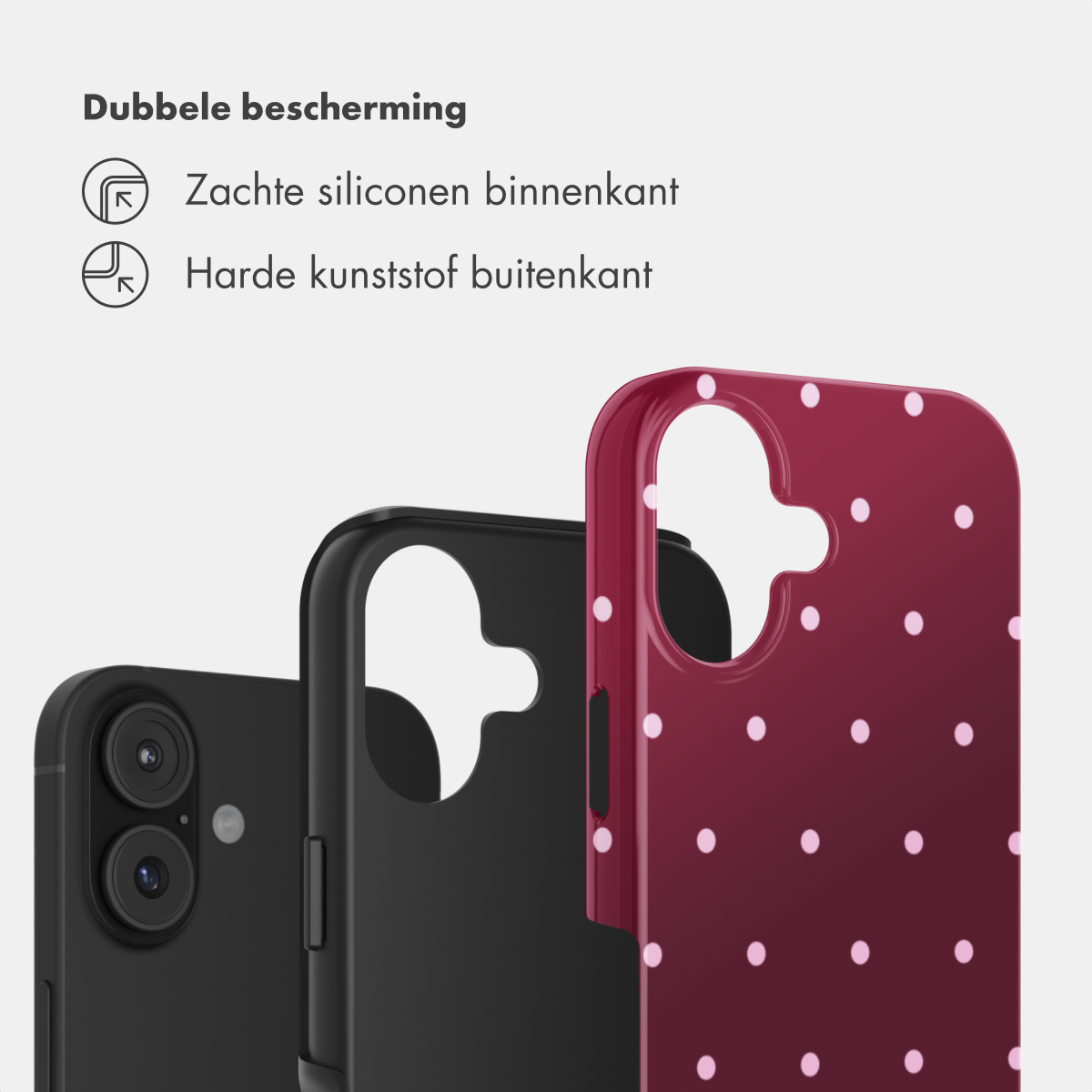 Drei Handyhüllen: eine schwarze mit Kamera, eine schwarze und eine rote mit Punkten.
