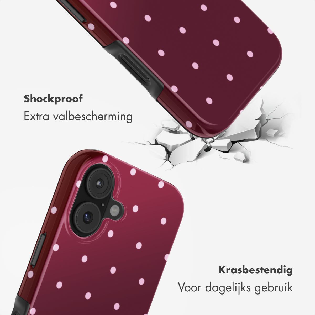 Burgunderrotes Handycover mit weißen Punkten, stoßfest und kratzfest.