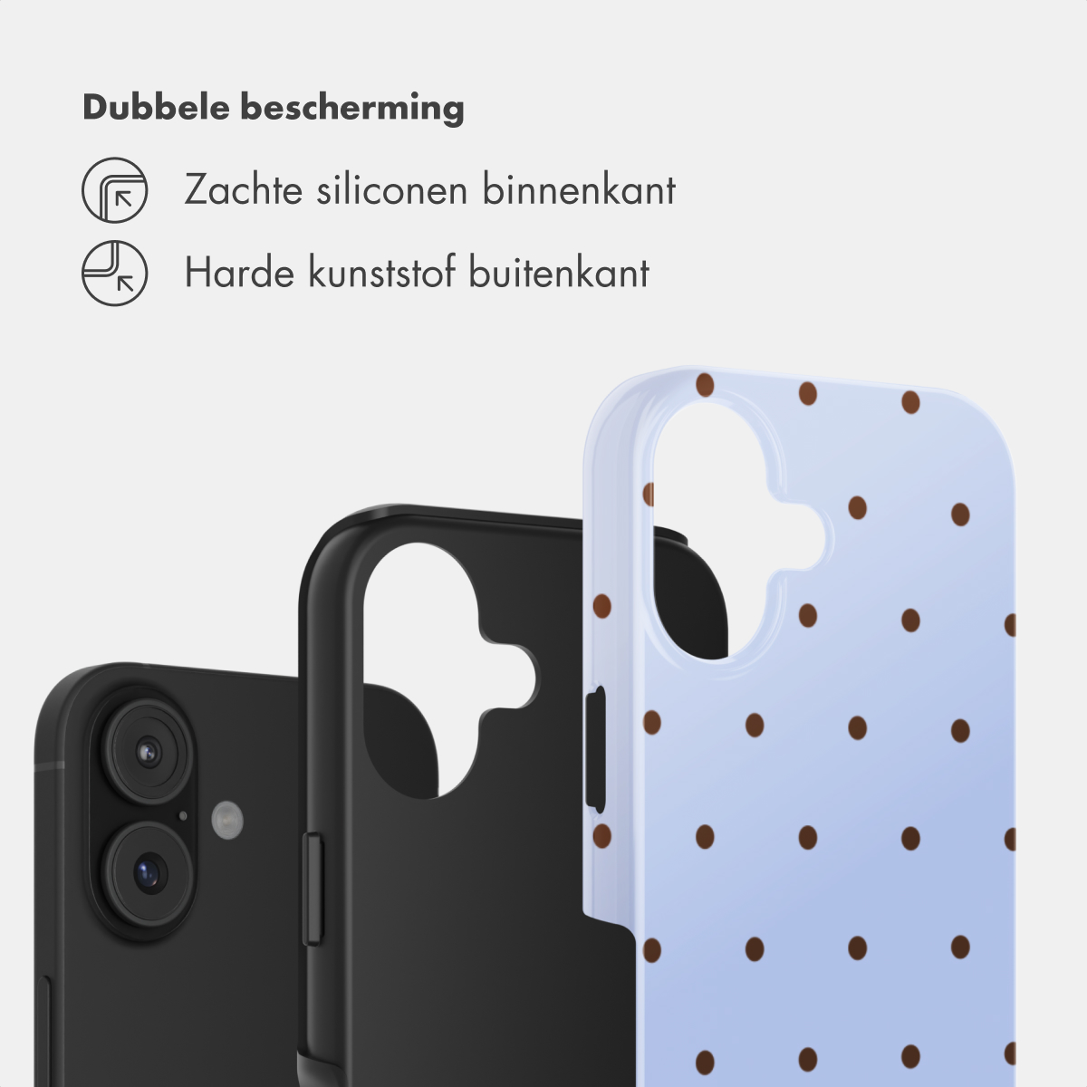 Drei Handyhüllen mit unterschiedlichen Rückseiten, eine davon blau mit braunen Punkten.