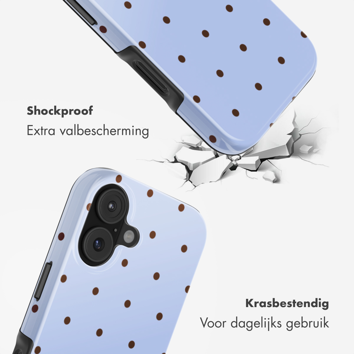 Hellblaues Handycover mit braunen Punkten, sturzfest und kratzfest.