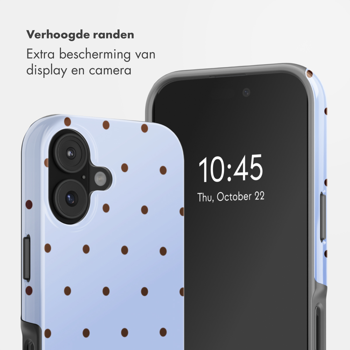 Ein hellblaues Handyhülle mit braunen Punkten und einem Handy mit Uhrzeit 10:45.