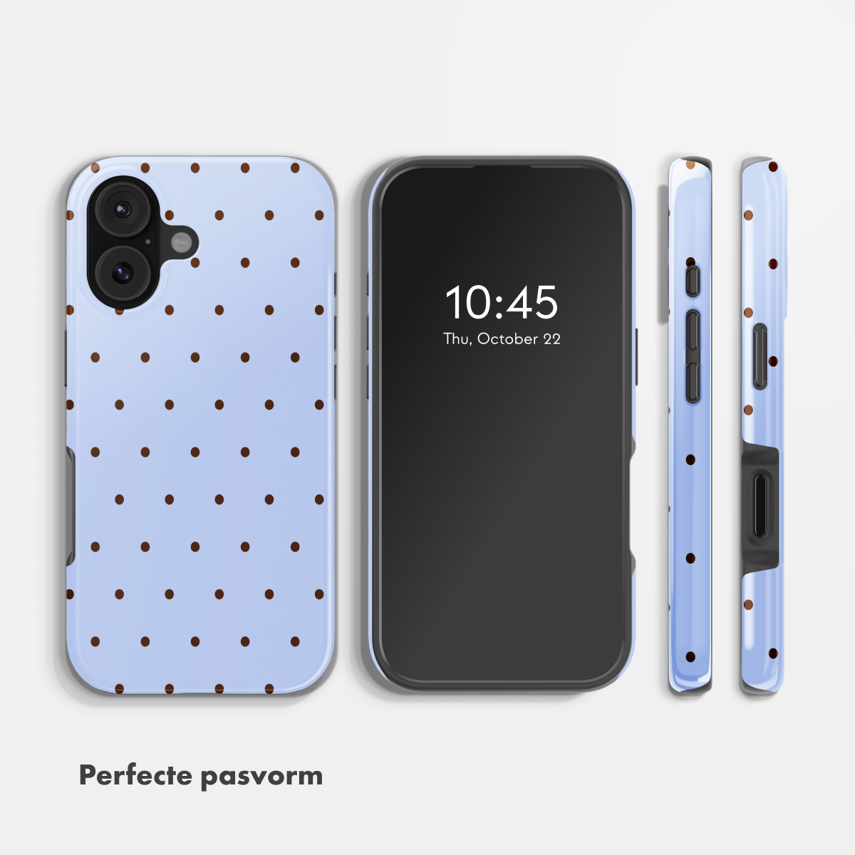 Hellblaues Handycover mit braunen Punkten, daneben ein Smartphone.