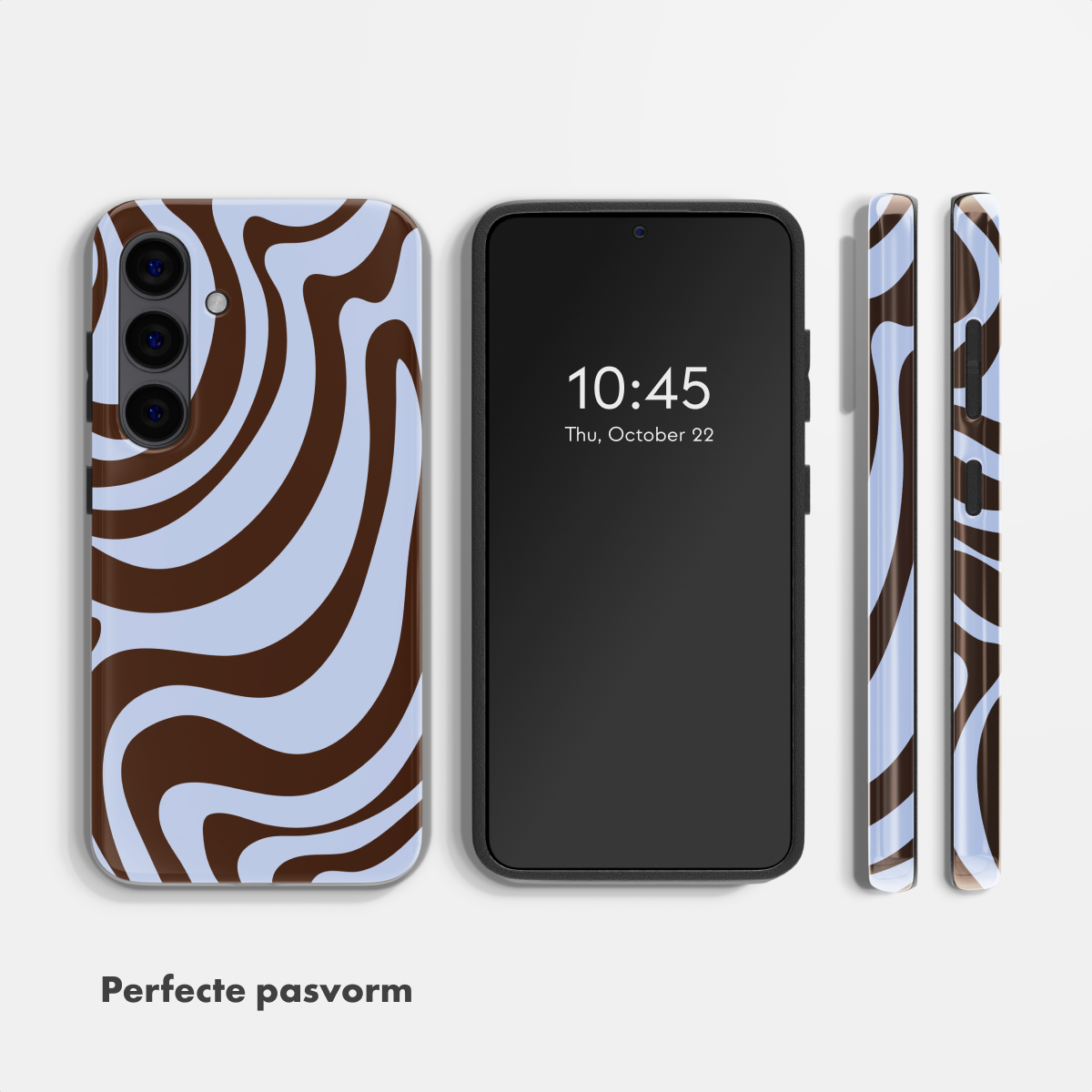 Ein Smartphone mit braun-blauem Marmormuster-Case und schwarzen Seiten.