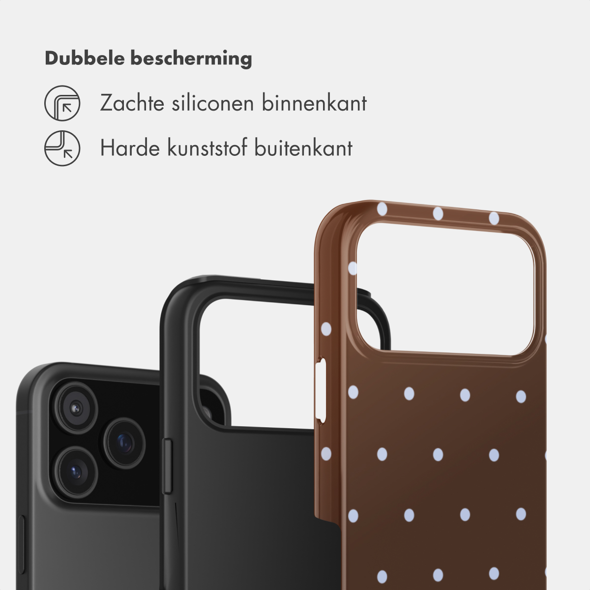 Drei Handyhüllen: eine schwarze mit Kameras, eine schwarze und eine braune mit weißen Punkten.