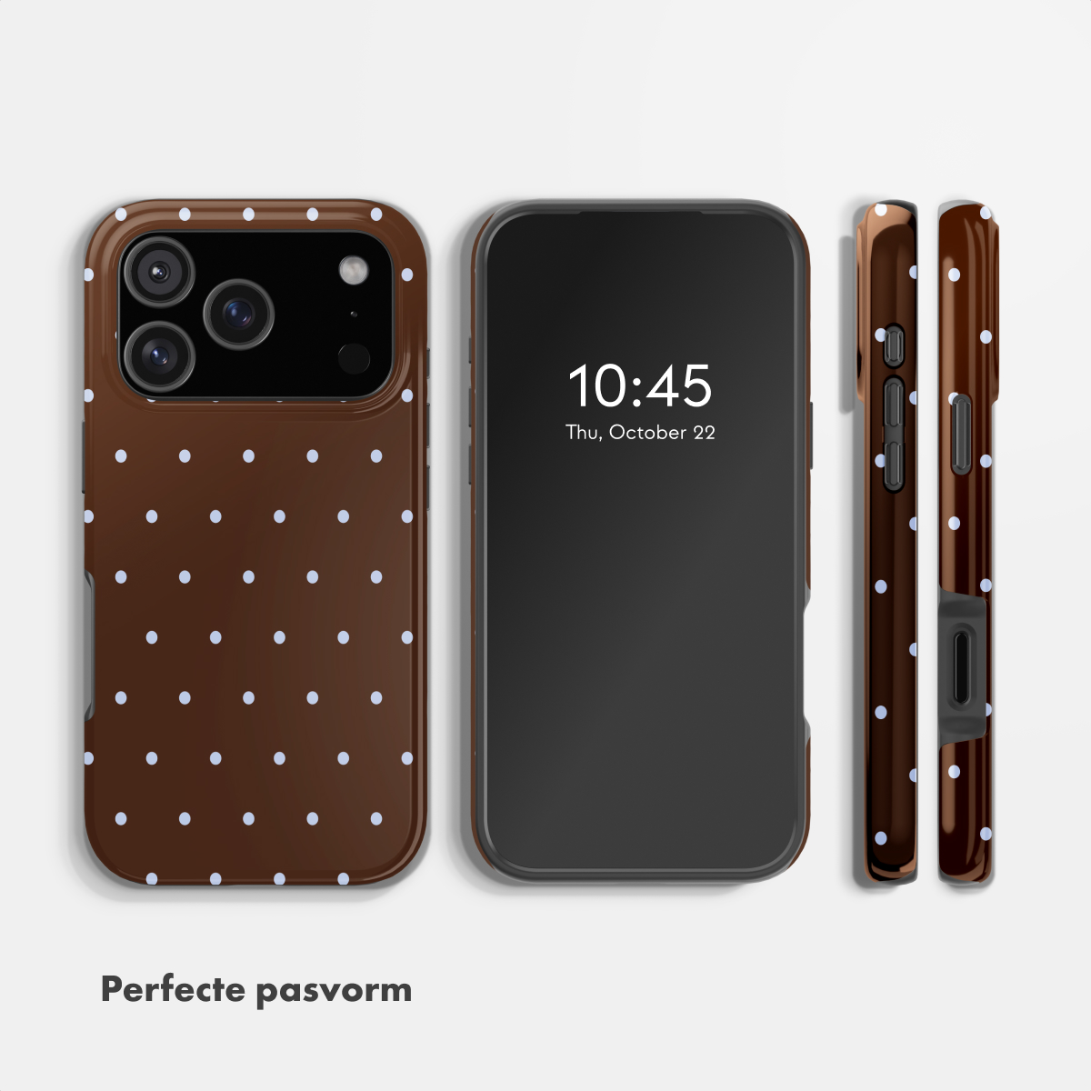 Braune Handyhülle mit weißen Punkten, daneben ein Smartphone.