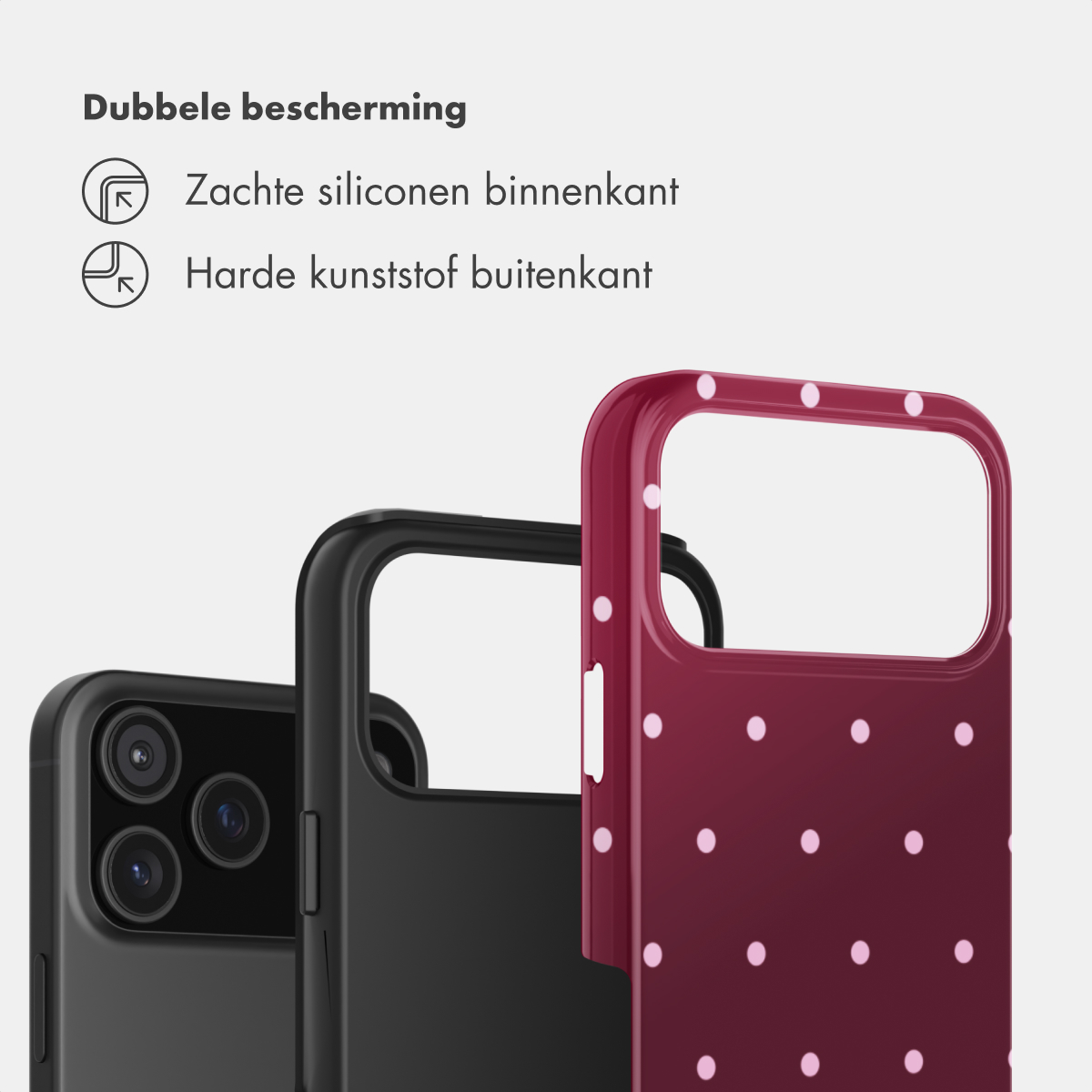 Drei Handyhüllen nebeneinander: schwarz, schwarz und eine mit rosa Punkten.