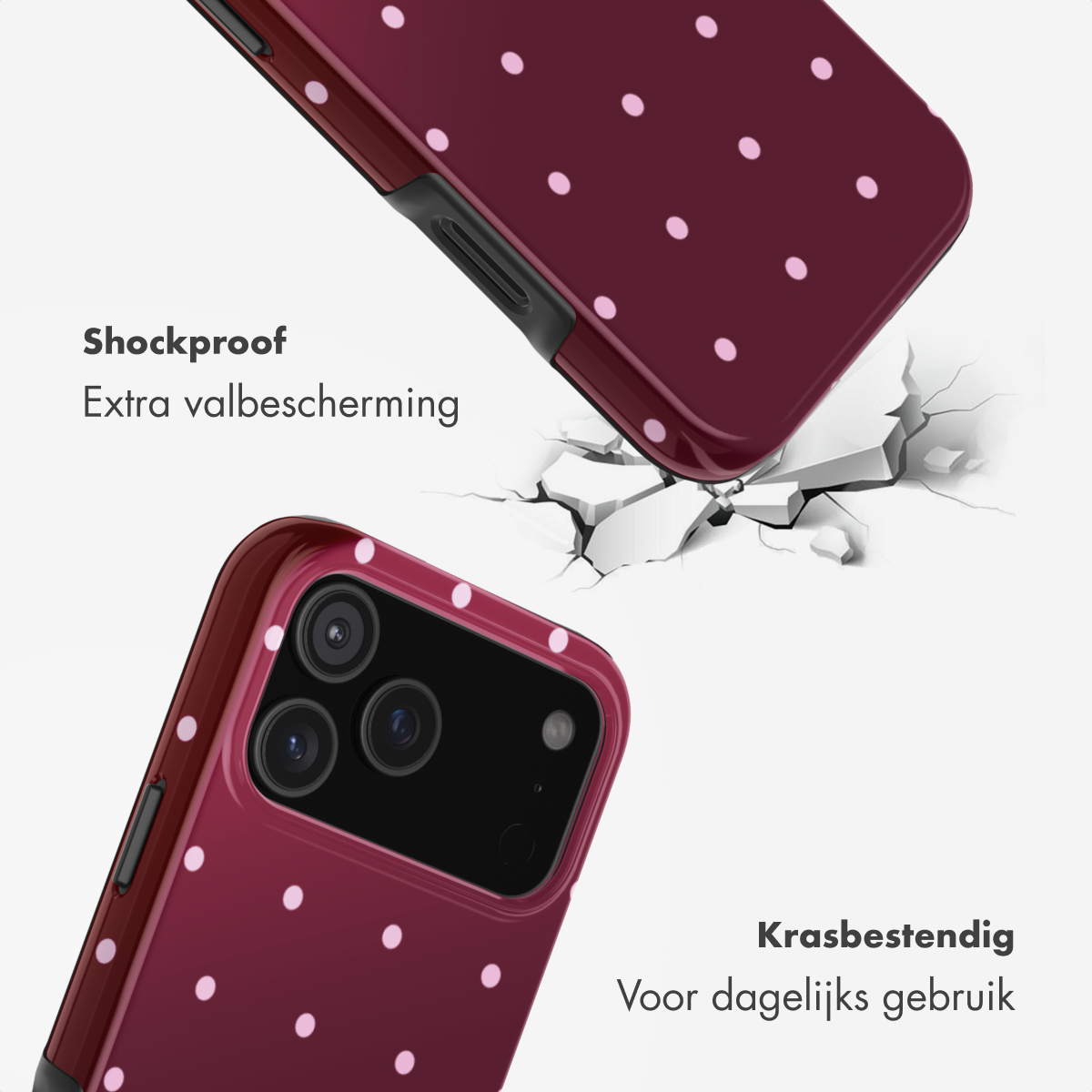 Burgundy phone case with white dots falling onto cracked ground.