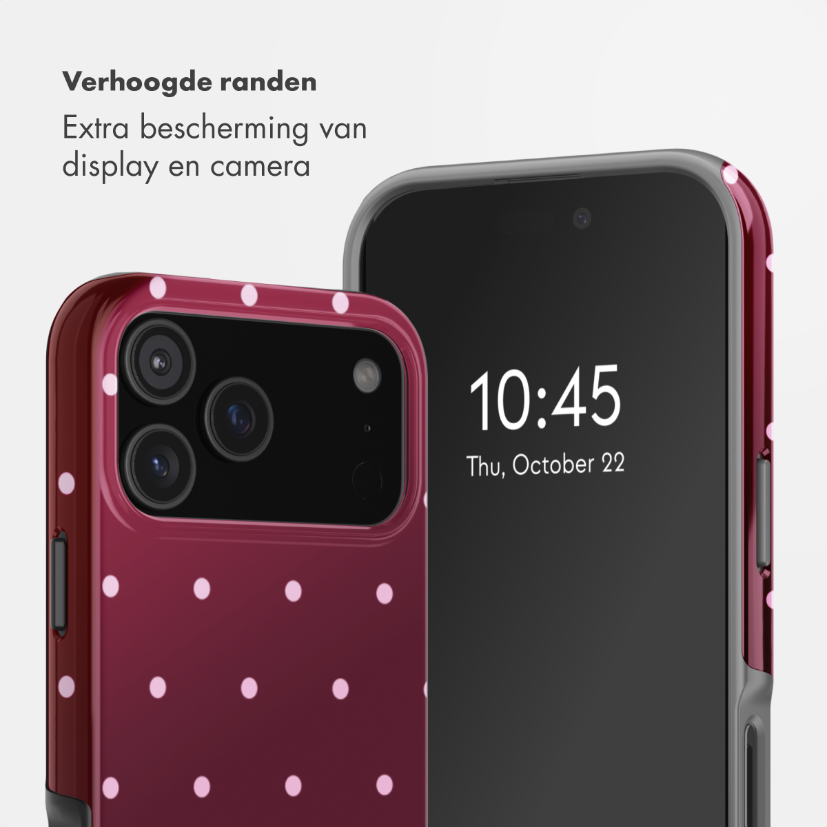 Dark red phone case with white polka dots and camera module.