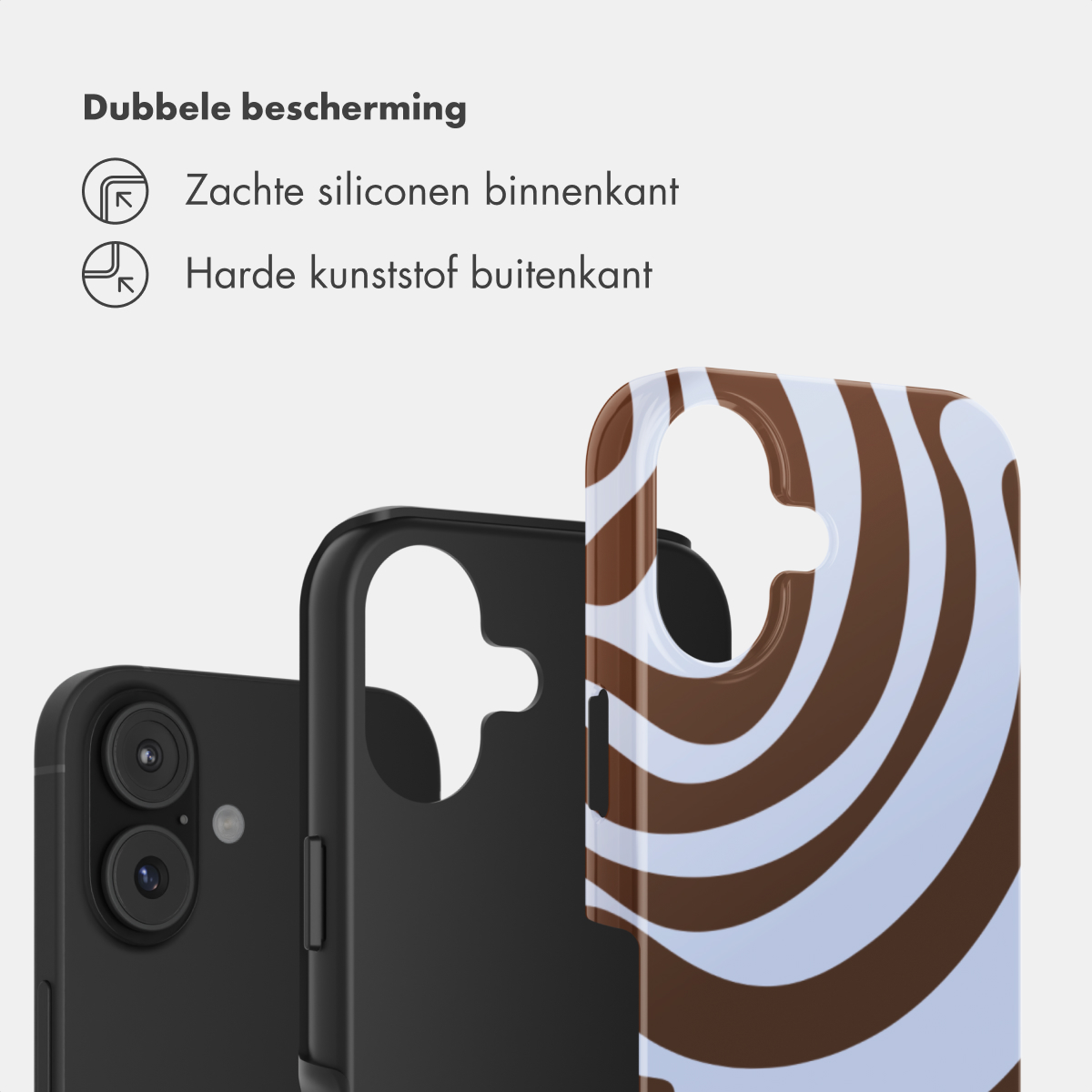 Drei Handyhüllen im Fokus: eine schwarze, eine schwarze Hülle und eine mit braun-weißen Streifen.
