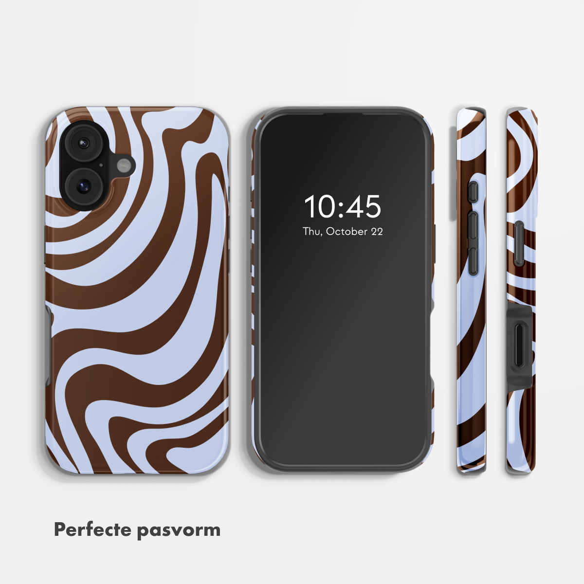 Ein Smartphone mit einem braun-weißen Muster, seitlich und von vorne gezeigt.
