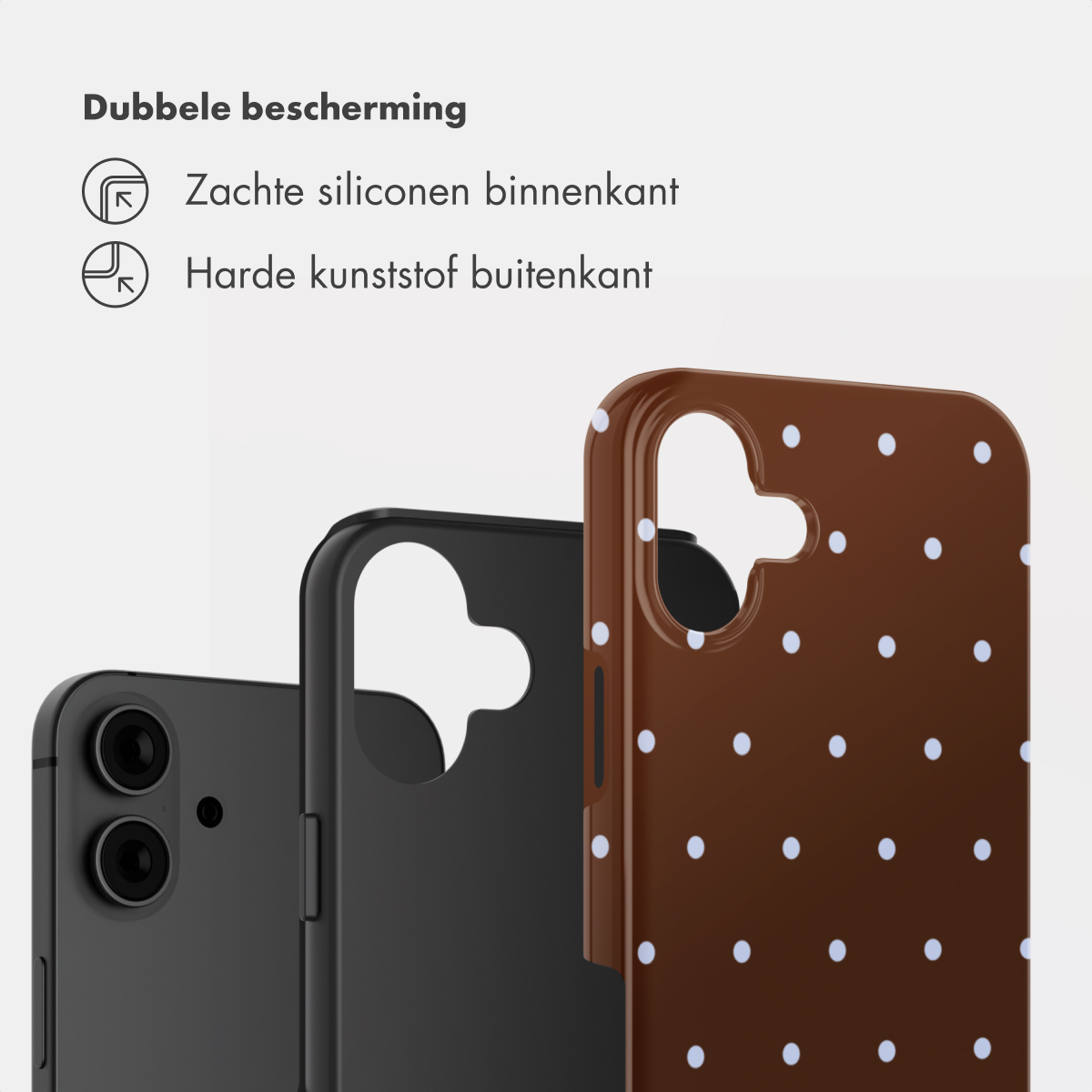 Drei Handyhüllen: eine schwarze, eine dunkle und eine braune mit weißen Punkten.