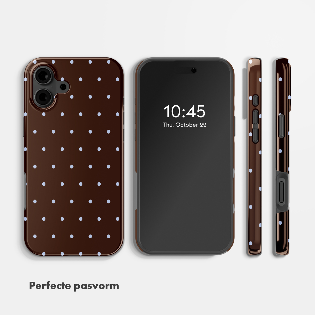 Braune Handyhülle mit weißen Punkten, daneben ein Smartphone.