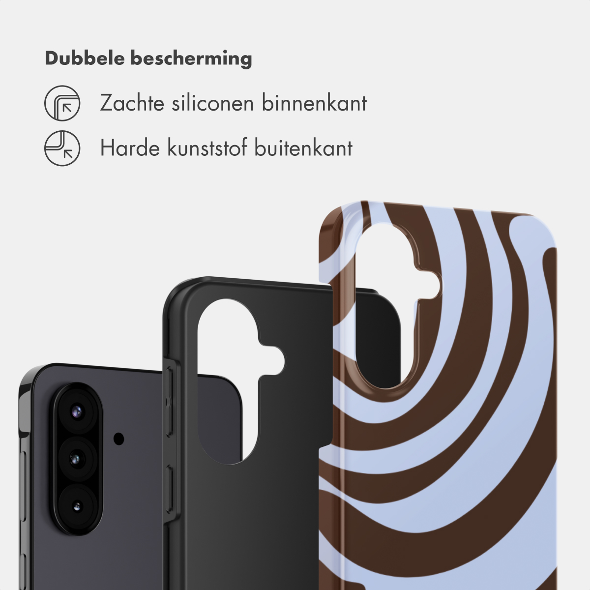 Drei Handyhüllen: eine schwarze, eine schwarze Hülle und eine mit braun-blauem Muster.