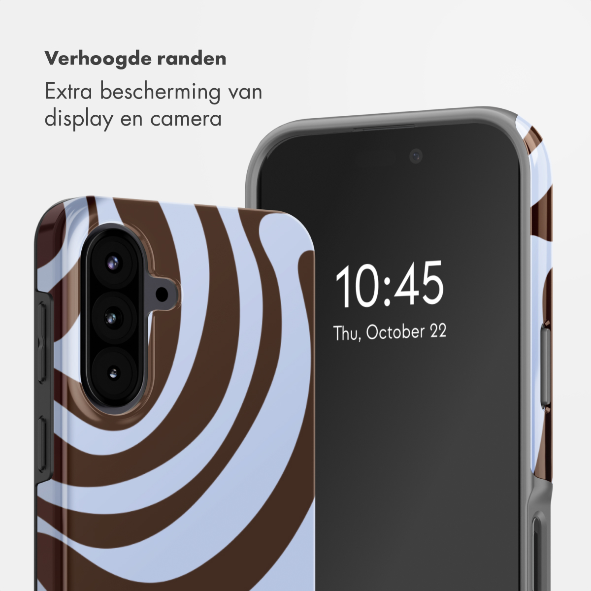 Ein Handy mit einem braun-weißen Muster-Cover und einem dunklen Bildschirm, der 10:45 Uhr anzeigt.