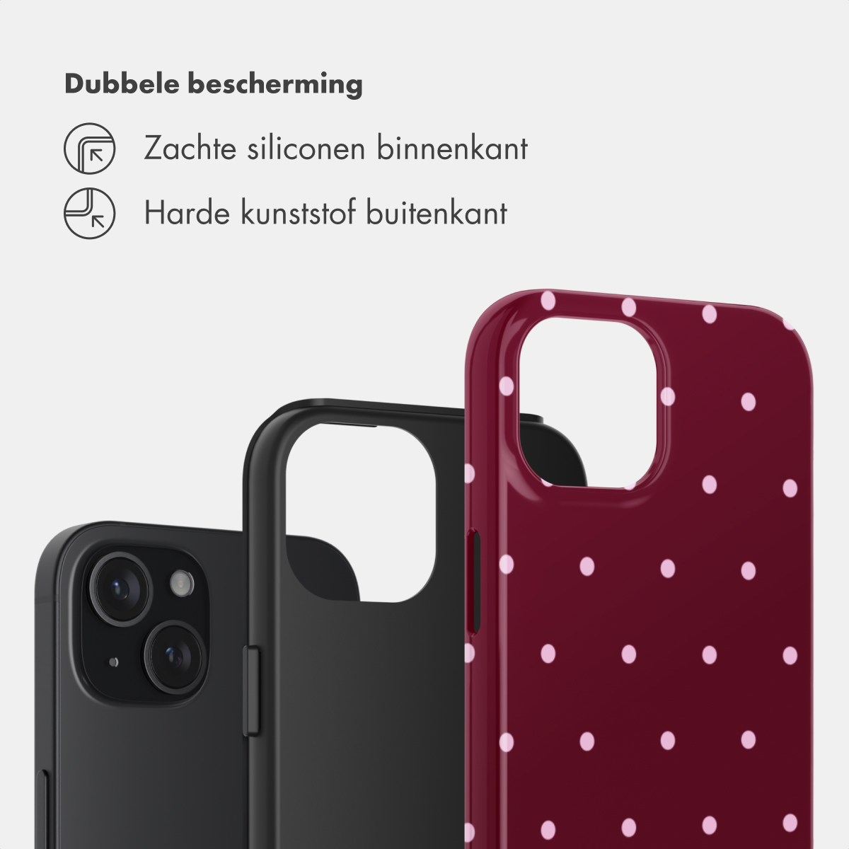 Drie telefoonhoesjes: zwart, zwart opgevuld en donkerrood met witte stippen.