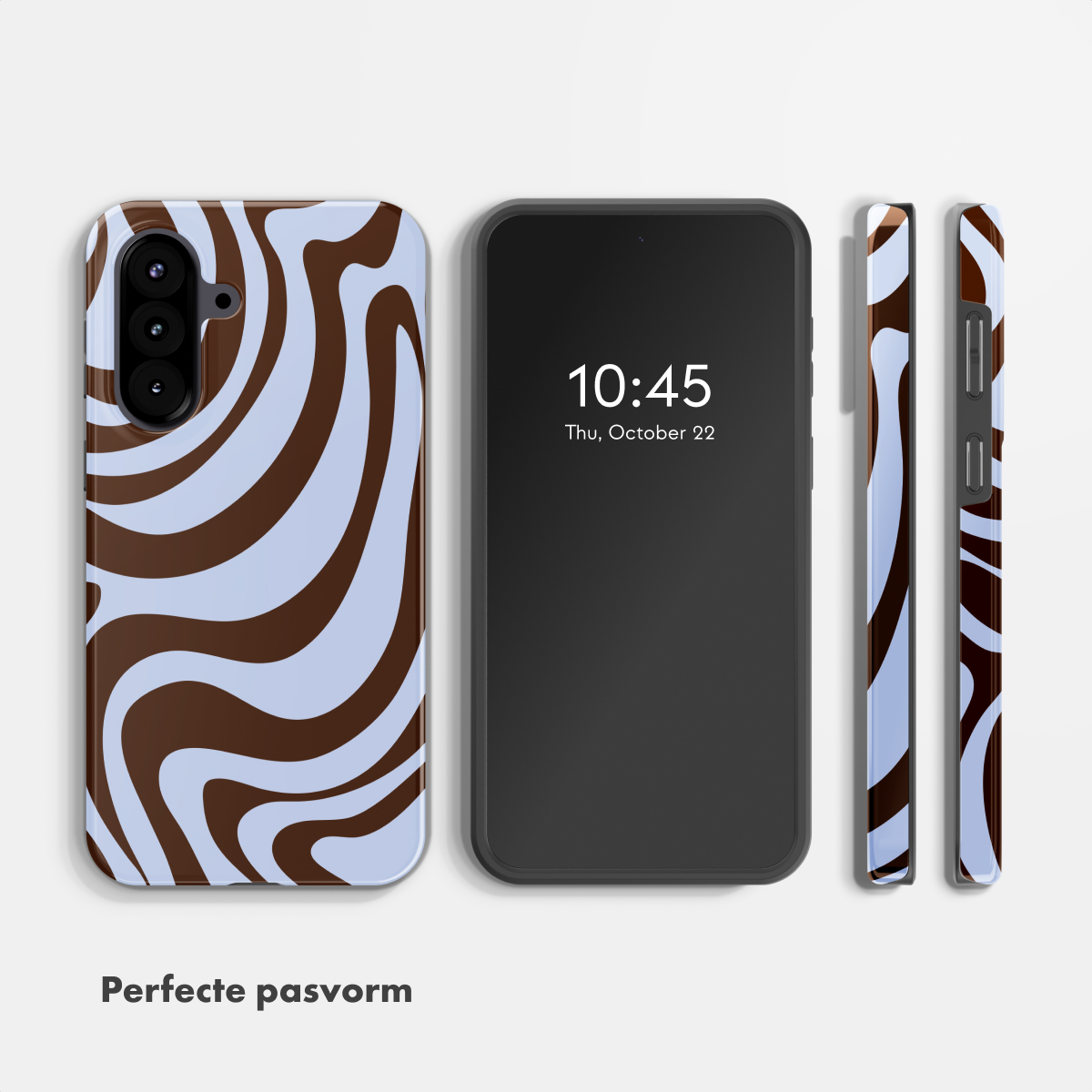 Ein Smartphone mit einem braun-blauen Marmormuster-Case daneben.